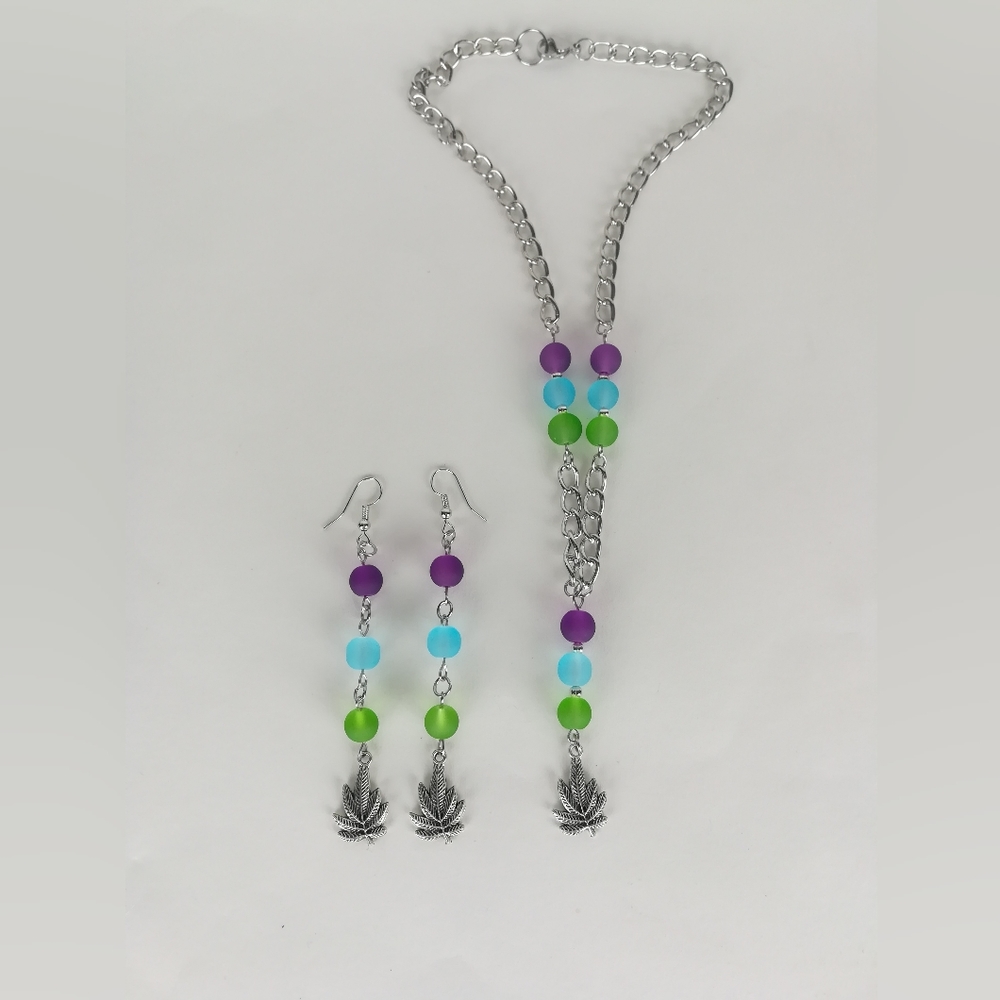 Unique colorful tri color cannabis leaf necklace & earring set purple/blue/green